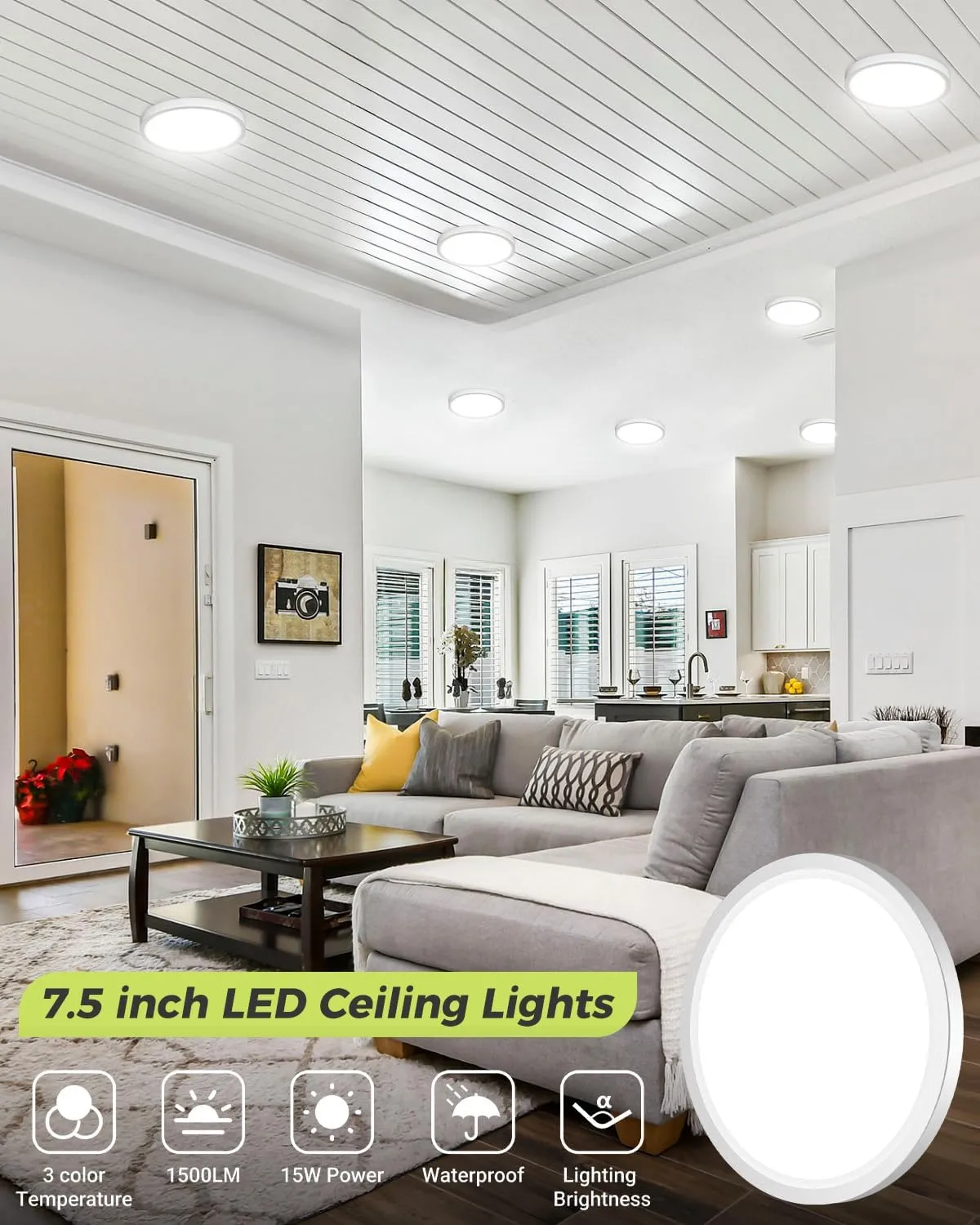 6PACK LED Flush Mount Ceiling Light, 3000K-4000K-6500K & 100W Equivalent Modern Kitchen Recessed Ceiling Lamp 15W 1500Lm 7.5 Inch for Bathroom Closet Laundry Bedroom Hallway, White