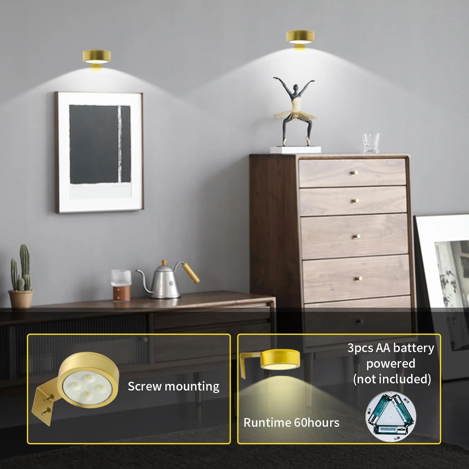 6Pack Picture Light Wireless Wall Painting Light 3 Lighting Art Display, Brightness Dimmable Timer Auto-Off, Remote Control Battery Light Indoor for Pictures Paintings Frames Dartboards Gallery