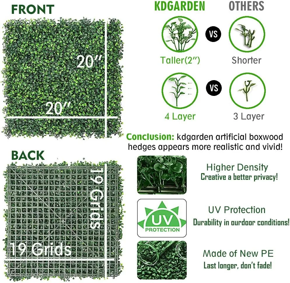 6PCS 20"x20" Artificial Boxwood Panels Topiary Hedge Plant UV Protected Faux Grass Wall Greenery Mats for Outdoor Garden Fence Backyard and Indoor Home Wedding Decoration, Dark Green