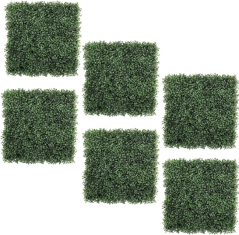 6PCS 20"x20" Artificial Boxwood Panels Topiary Hedge Plant UV Protected Faux Grass Wall Greenery Mats for Outdoor Garden Fence Backyard and Indoor Home Wedding Decoration, Dark Green