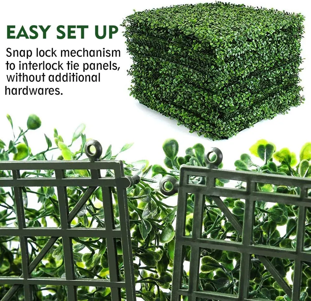 6PCS 20"x20" Artificial Boxwood Panels Topiary Hedge Plant UV Protected Faux Grass Wall Greenery Mats for Outdoor Garden Fence Backyard and Indoor Home Wedding Decoration, Dark Green