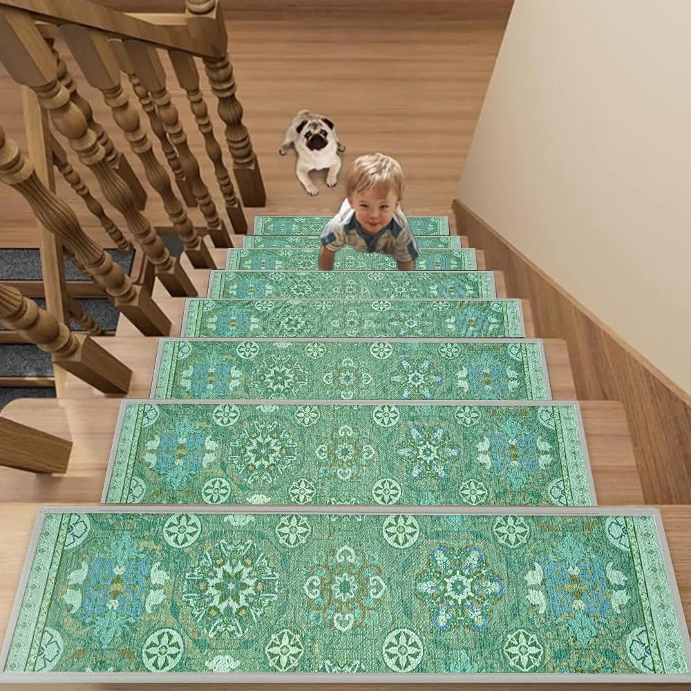 7 Pack 8" x 30" Non-Slip Carpet Stair Treads for Wooden Steps Indoor, Resistant Rugs Rubber Safety Mats for Kids Elders and Dogs