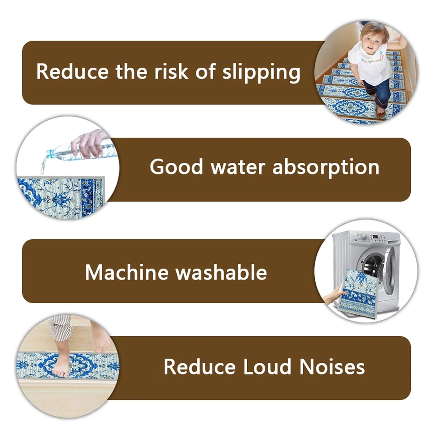 7 Pack 8" x 30" Non-Slip Carpet Stair Treads for Wooden Steps Indoor, Resistant Rugs Rubber Safety Mats for Kids Elders and Dogs