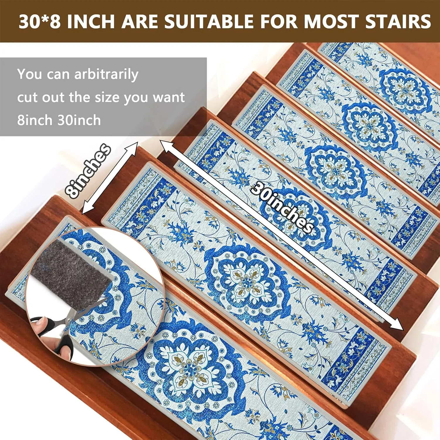 7 Pack 8" x 30" Non-Slip Carpet Stair Treads for Wooden Steps Indoor, Resistant Rugs Rubber Safety Mats for Kids Elders and Dogs