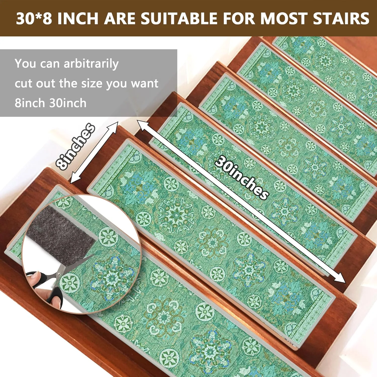 7 Pack 8" x 30" Non-Slip Carpet Stair Treads for Wooden Steps Indoor, Resistant Rugs Rubber Safety Mats for Kids Elders and Dogs