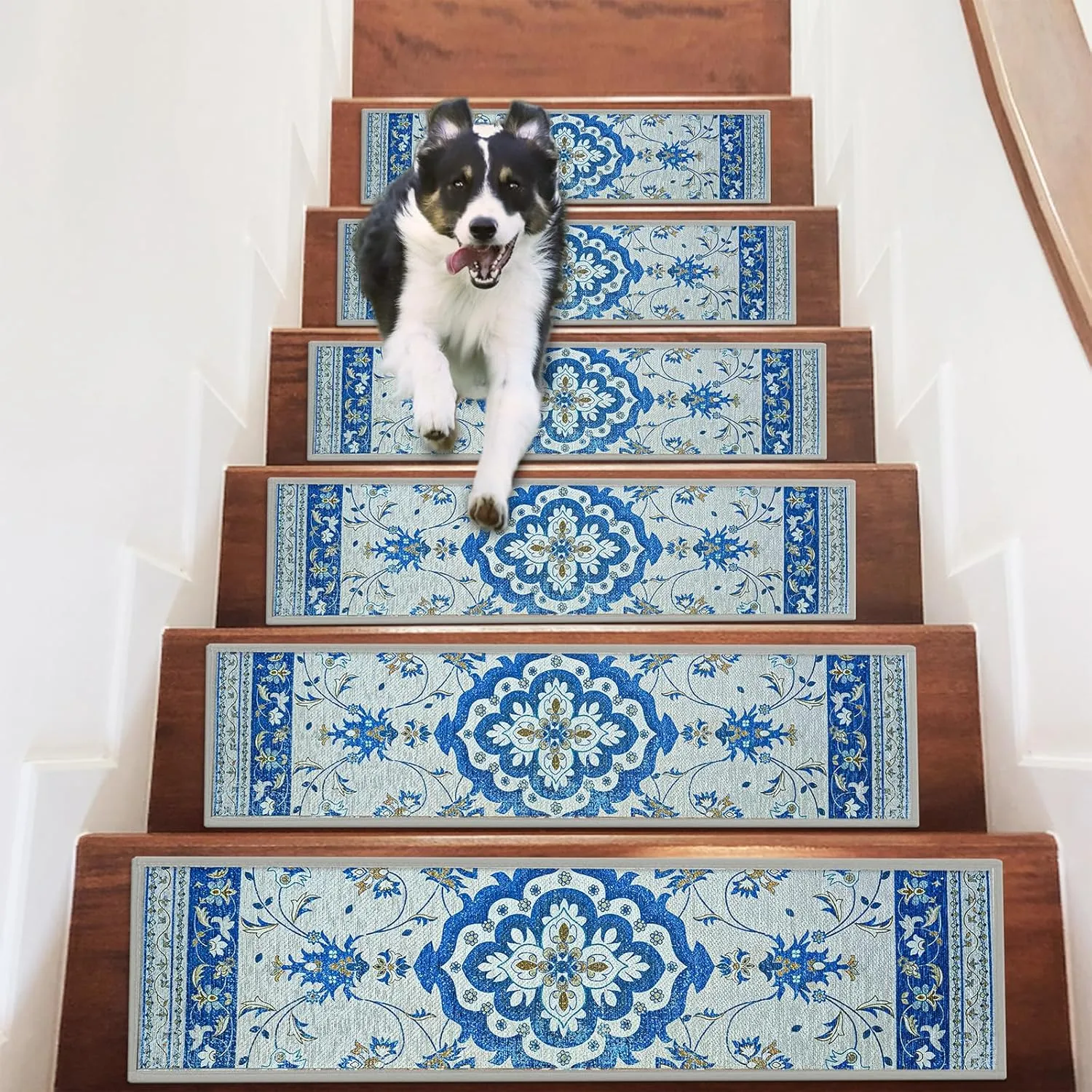 7 Pack 8" x 30" Non-Slip Carpet Stair Treads for Wooden Steps Indoor, Resistant Rugs Rubber Safety Mats for Kids Elders and Dogs