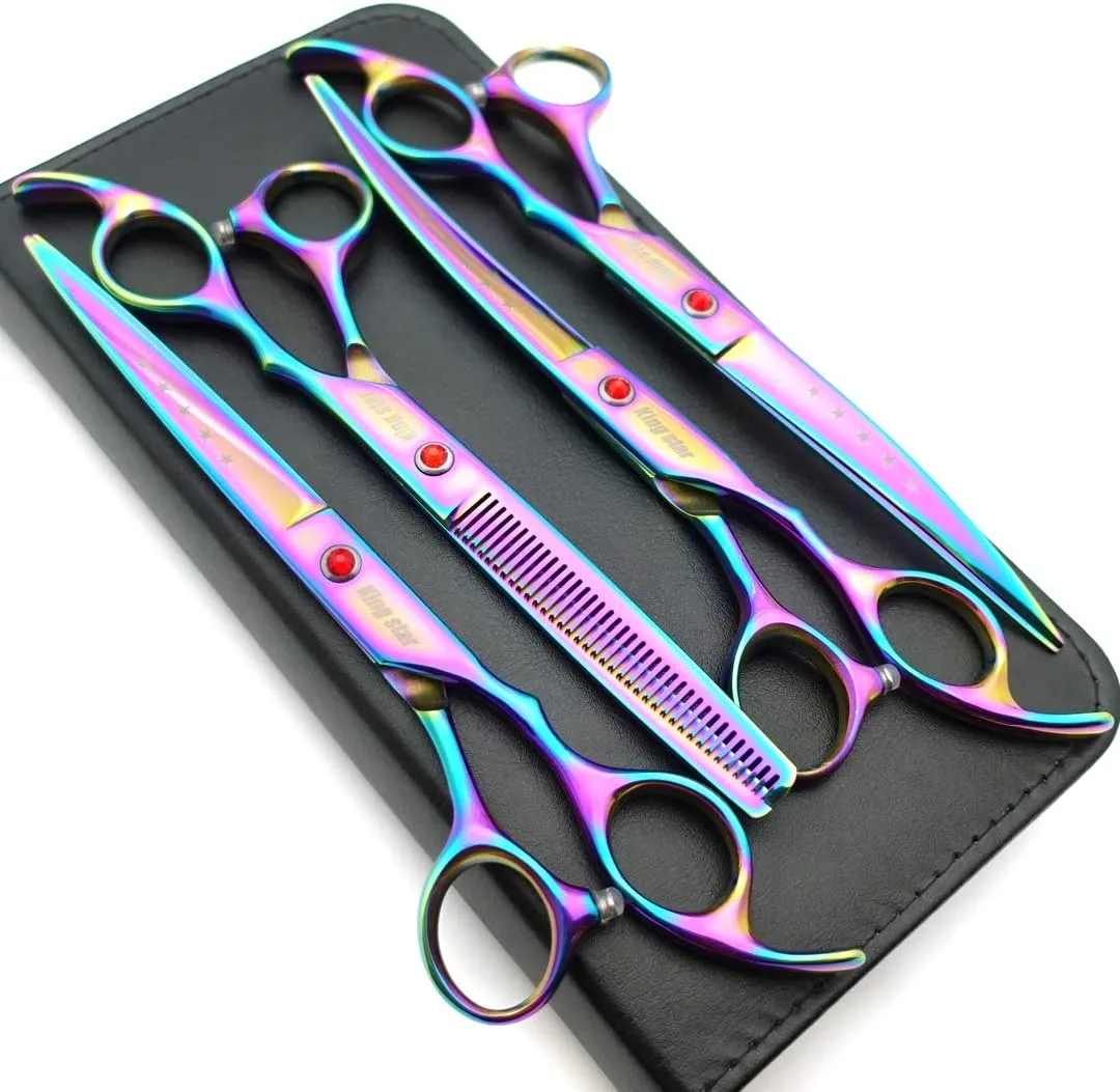 7.0in Titanium Rainbow Professional Pet Grooming Scissors Set,Straight & Thinning & Curved Scissors 4pcs Set for Dog Grooming,(Rainbow)