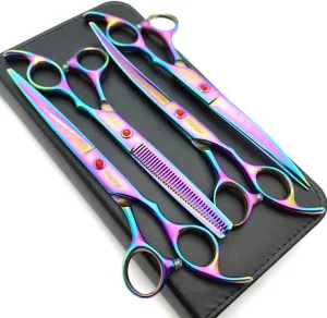 7.0in Titanium Rainbow Professional Pet Grooming Scissors Set,Straight & Thinning & Curved Scissors 4pcs Set for Dog Grooming,(Rainbow)