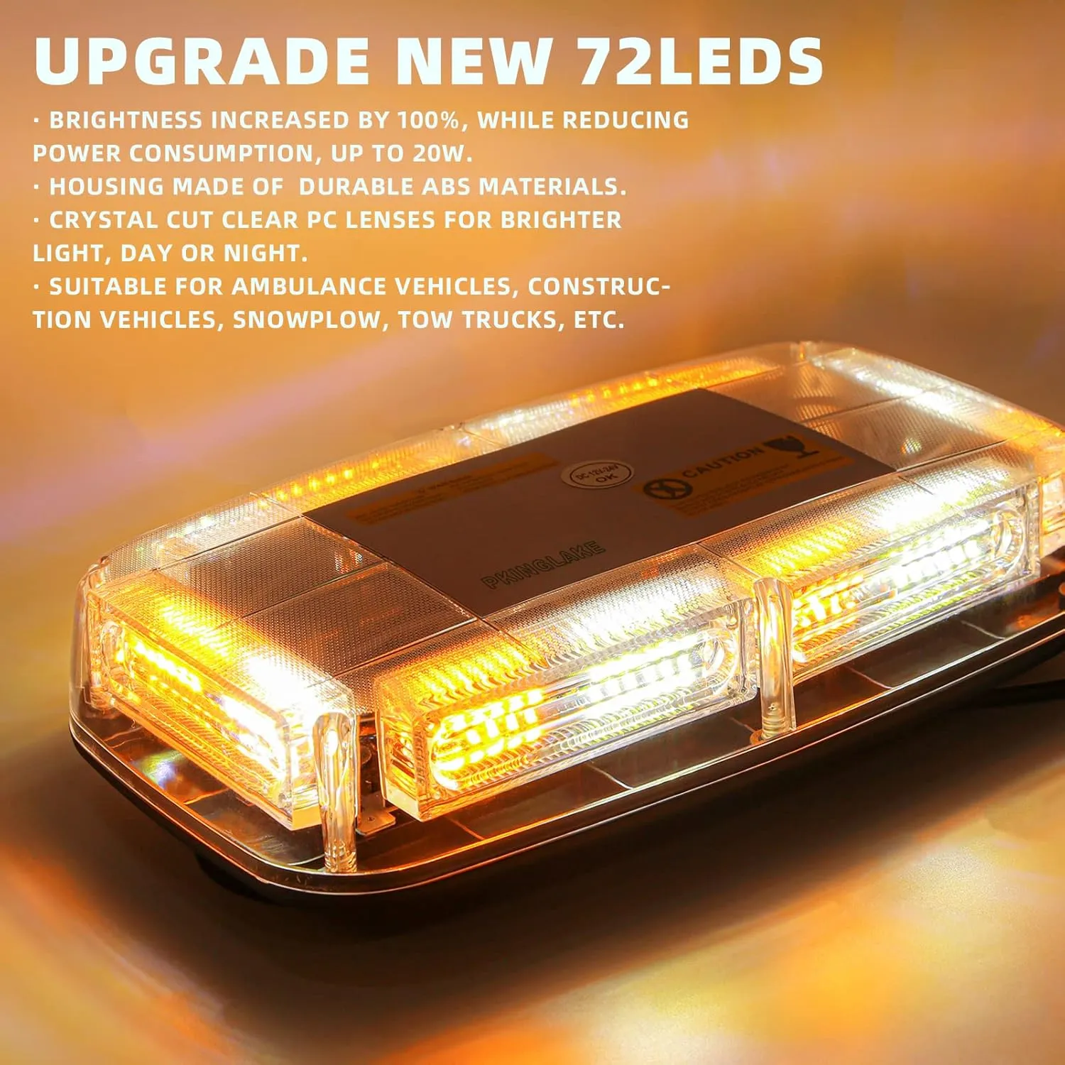 72LED Roof Top Emergency Strobe Beacon Lights, 12-24V High Visibility Safety Warning Mini LED Strobe Light bar with Magnetic Base for Snow Plow, Trucks, Construction Vehicles (Amber/White)