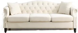 79" Beige Sofa with Tufted Back, Rolled Arms, Nailhead Trim & 2 Pillows