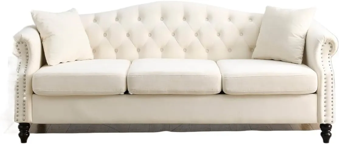 79" Beige Sofa with Tufted Back, Rolled Arms, Nailhead Trim & 2 Pillows