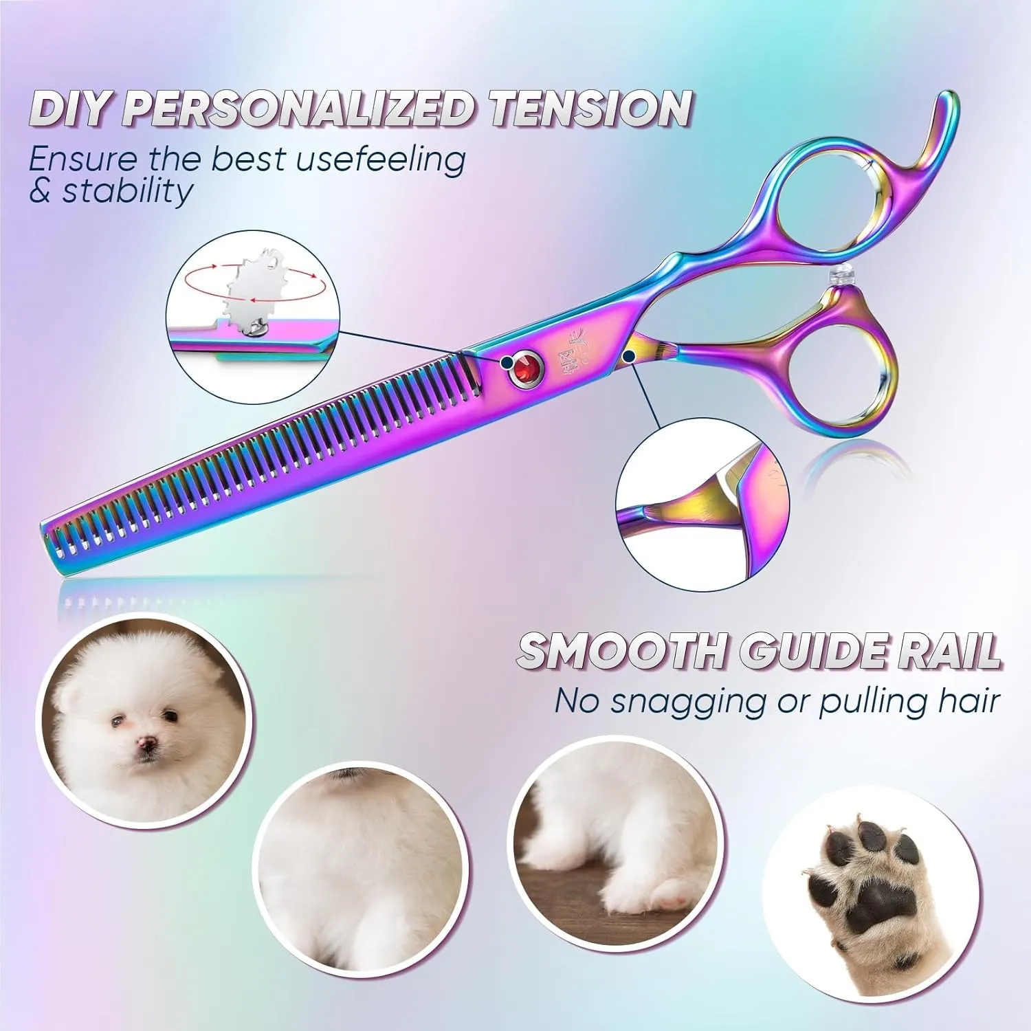 7" Curved Dog Grooming Scissors with Safe Round Tip, Rainbow Pet Fur Scissors, Japanese Stainless Steel 440C, Sharp and Sturdy Grooming Shears for Novice and Professional Groomers