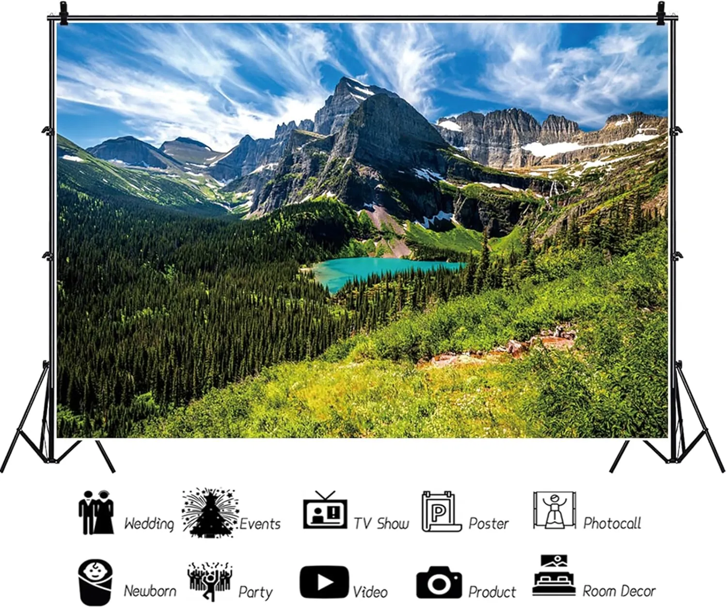 7x5ft Mountain Backdrop Nature Scenery Pine Trees Forest Blue Lake Sky Photography Background Camping Picnic Themed Party Decorations Kids Adults Outdoor Portraits Photo Studio Props