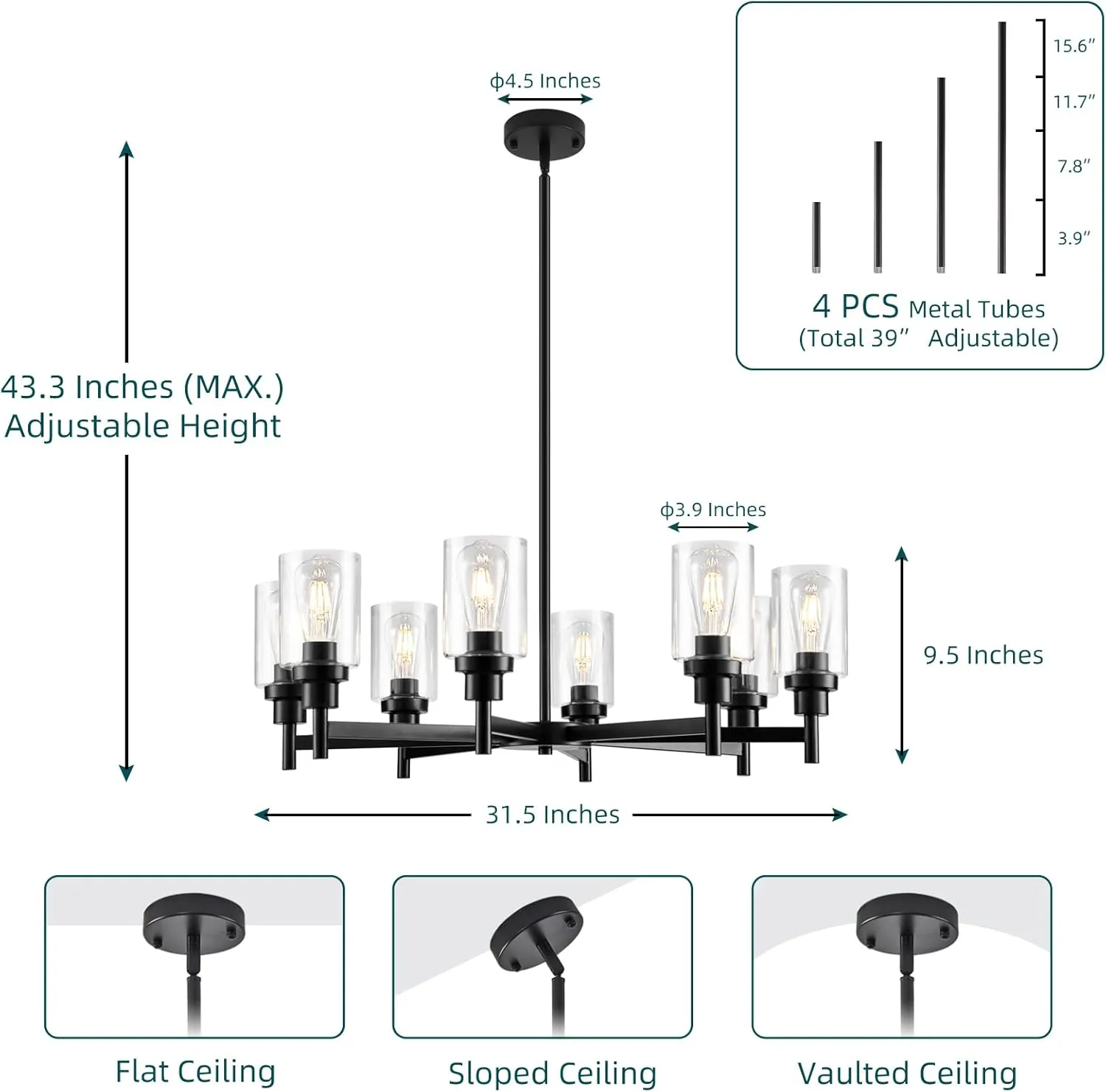 8 Lights Black Chandelier for Dining Room, Farmhouse Modern Contemporary Industrial Ceiling Hanging Pendant Lighting Fixture with Glass Shade for Dinning Kitchen Island Living Room Hallway