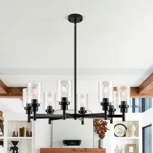 8 Lights Black Chandelier for Dining Room, Farmhouse Modern Contemporary Industrial Ceiling Hanging Pendant Lighting Fixture with Glass Shade for Dinning Kitchen Island Living Room Hallway
