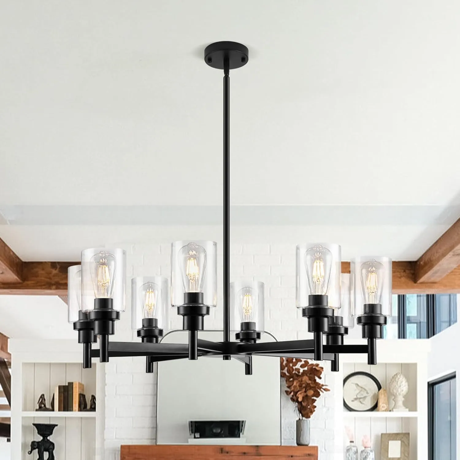 8 Lights Black Chandelier for Dining Room, Farmhouse Modern Contemporary Industrial Ceiling Hanging Pendant Lighting Fixture with Glass Shade for Dinning Kitchen Island Living Room Hallway