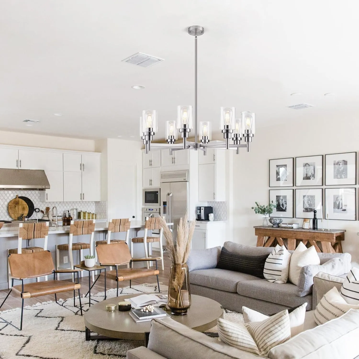 8 Lights Brushed Nickel Chandelier for Dining Room, Farmhouse Modern Contemporary Industrial Ceiling Hanging Pendant Lighting Fixture with Glass Shade for Dinning Kitchen Island Living Room