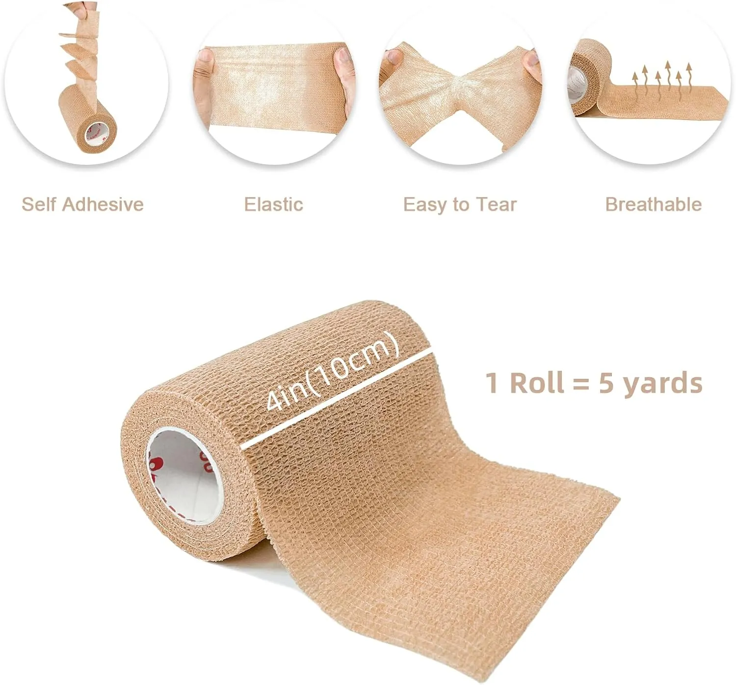 [8 Pack 4" x 5 Yards] Beige-Self Adhesive Cohesive Bandage Wrap, Self Adherant Non-Woven Wrap Rolls, Atheletic Tape for Wrist, Ankle, Hand, Leg, Premium-Grade Medical Stretch Wrap