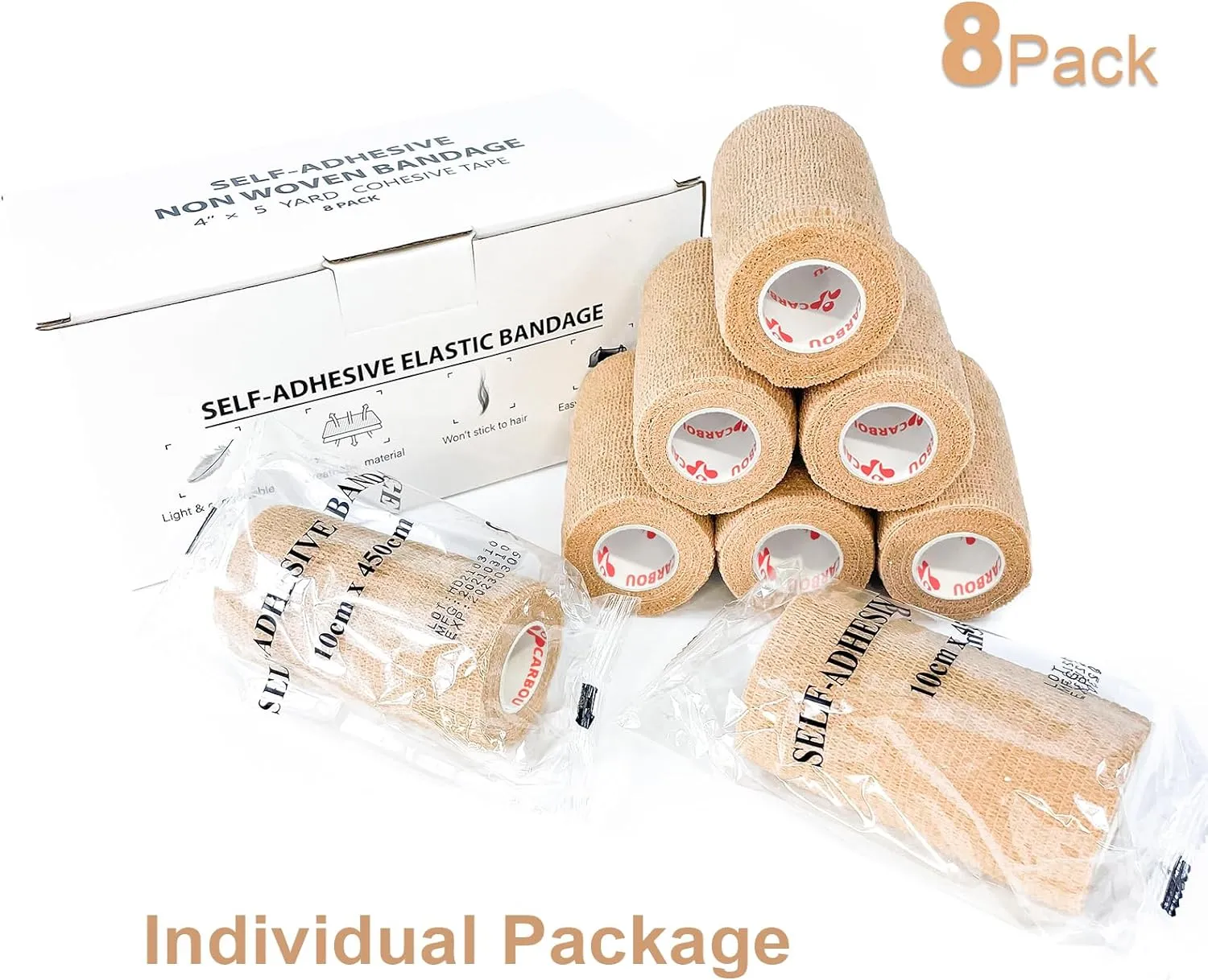 [8 Pack 4" x 5 Yards] Beige-Self Adhesive Cohesive Bandage Wrap, Self Adherant Non-Woven Wrap Rolls, Atheletic Tape for Wrist, Ankle, Hand, Leg, Premium-Grade Medical Stretch Wrap