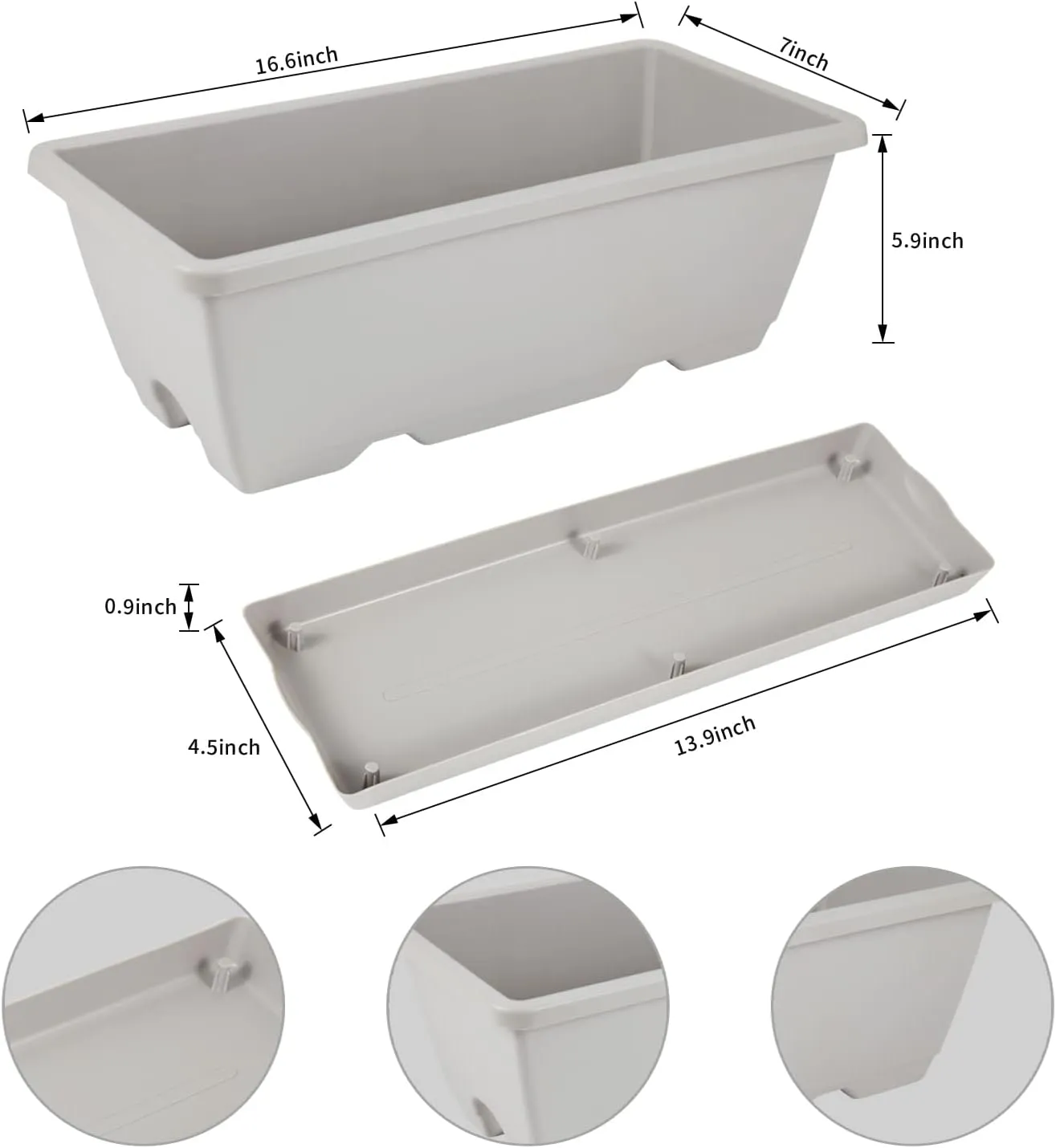 8pcs Window Box Planter, 17 Inches Flower Window Boxes, Rectangle Planters Box with Drainage Holes and Trays, Plastic Vegetable Planters for Windowsill Patio Garden Home Decor Porch Yard (Grey)