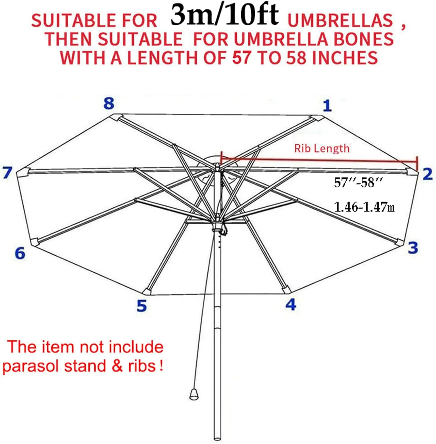 8ribs/6ribs Patio Umbrella Canopy Replacement ⌀9ft/10ft/11ft/13ft/6.5ft/7.5ft/8.2ft Outdoor Umbrella Polyester Top without rib, UV 50  Fade & Tear Resistant for Garden, Lawn, Backyard, Pool