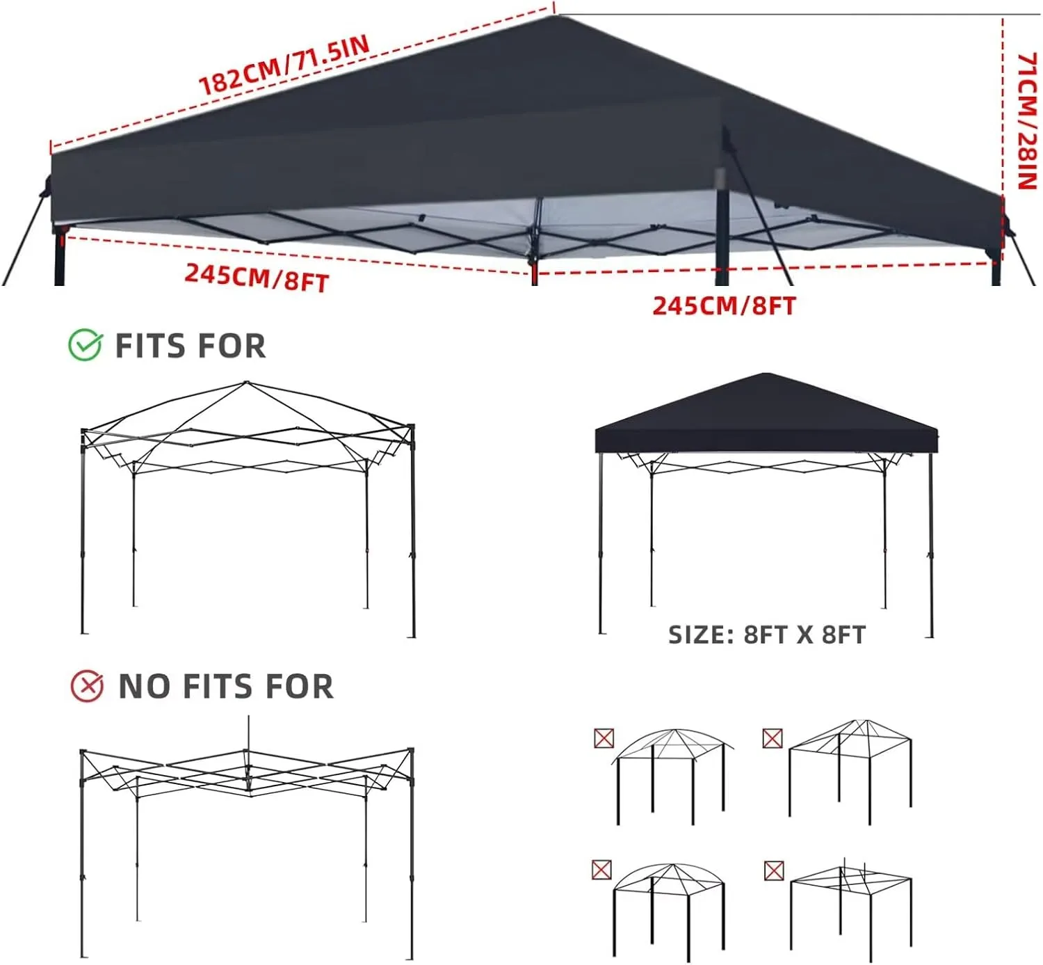 8x8 Canopy Replacement Top Only,Waterproof Pop Up Canopy Tent Top Replacement Cover Roof with Windproof Ropes for Straight Leg Frame, 420D Polyester for Outdoor Garden Pavilion Sun Shade(Gray)