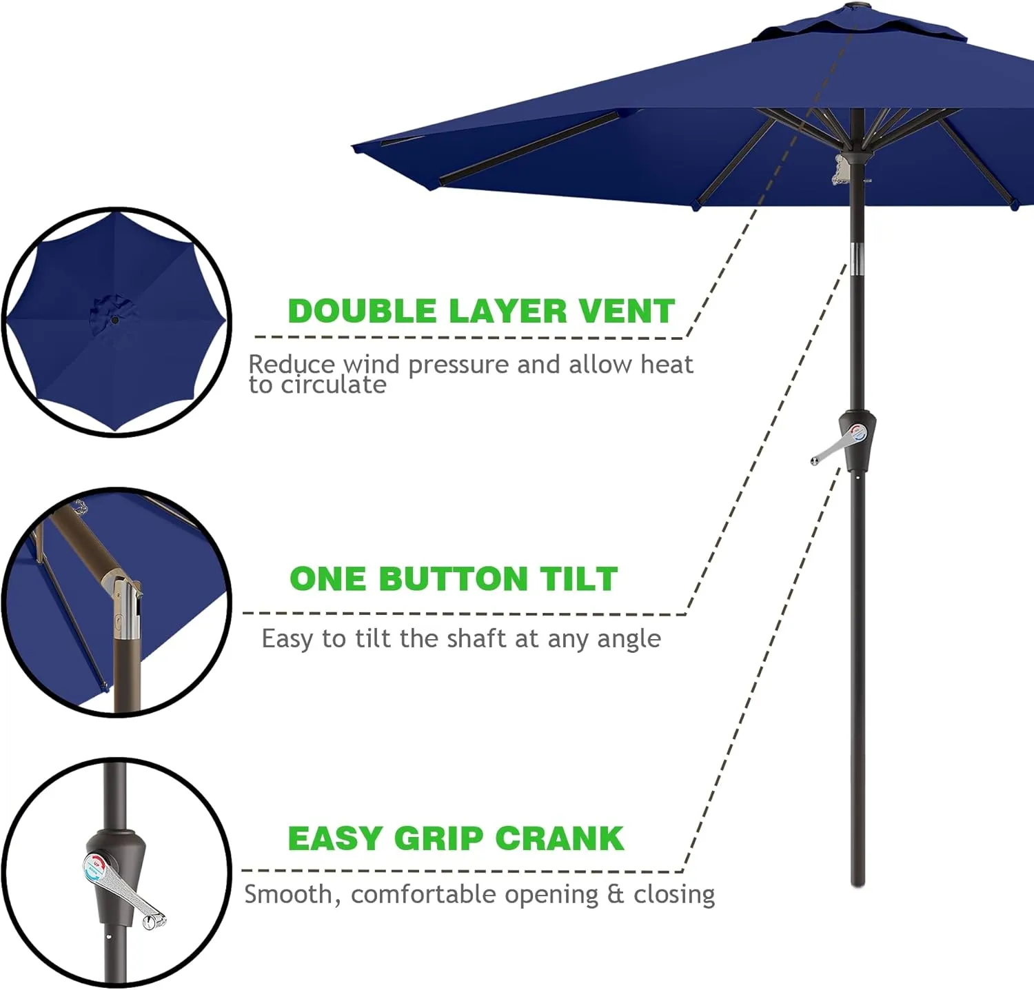 9 FT Patio Umbrella for Outdoor, Outdoor Umbrella with Push Button Tilt and Crank, Outdoor Patio Umbrellas with 8 Sturdy Ribs for Market, Garden, Deck, Backyard, Pool (Navy)