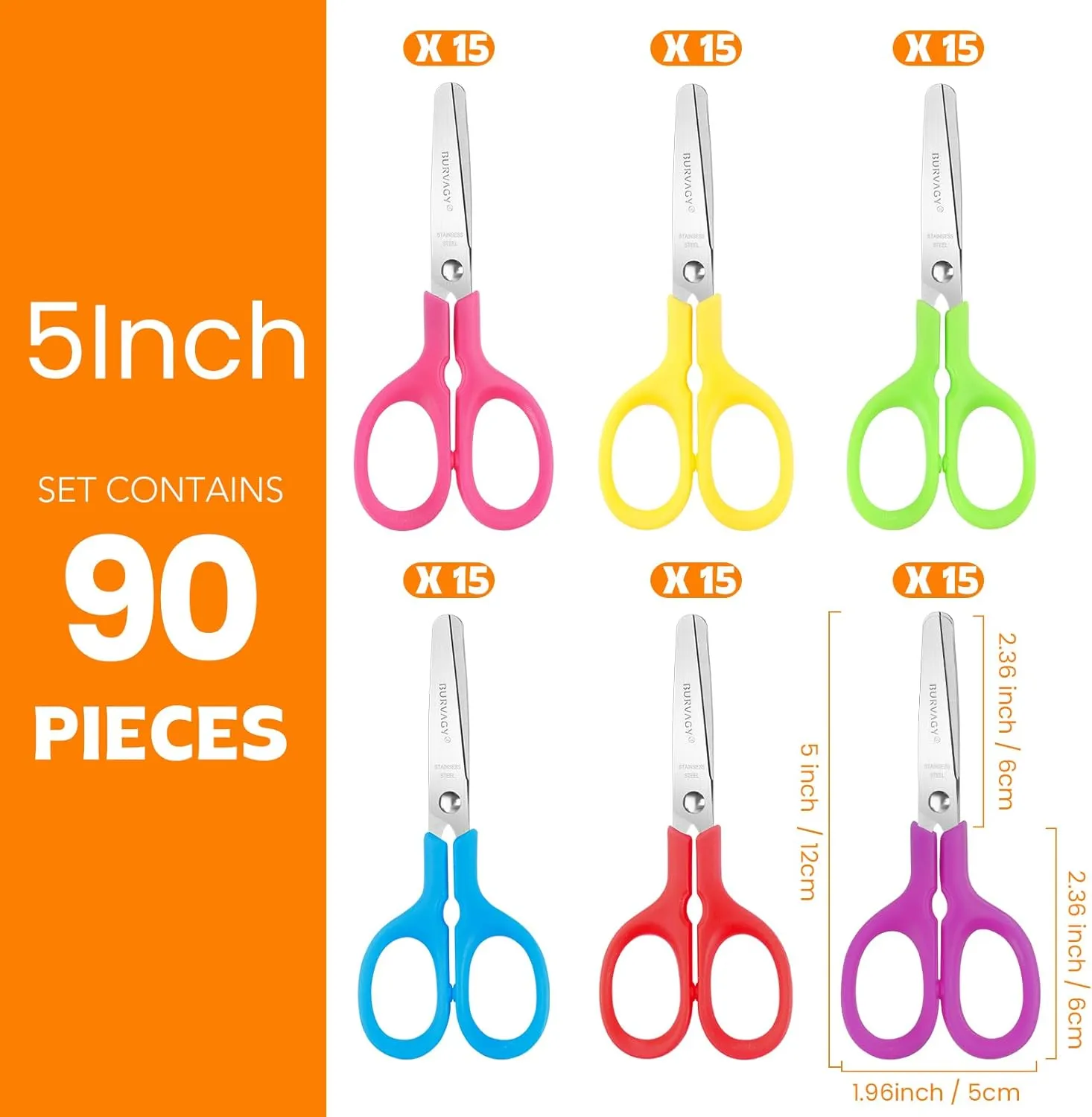 90Pack 5" Small School Student Blunt Kids Craft Scissors, Sharp Stainless Steel Blades Safety Toddler Kid Child Comfort Grip Scissors Bulk for Children Cutting Paper