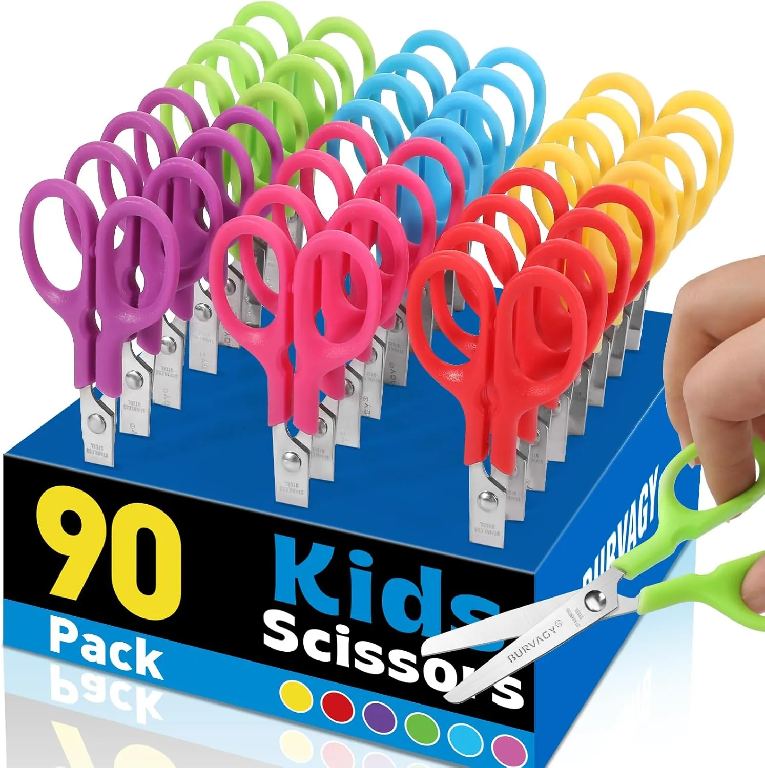 90Pack 5" Small School Student Blunt Kids Craft Scissors, Sharp Stainless Steel Blades Safety Toddler Kid Child Comfort Grip Scissors Bulk for Children Cutting Paper