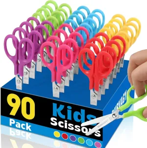 90Pack 5" Small School Student Blunt Kids Craft Scissors, Sharp Stainless Steel Blades Safety Toddler Kid Child Comfort Grip Scissors Bulk for Children Cutting Paper