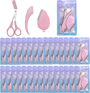 90Pcs Eyebrow Scissors Set in 30 Gift Bags,Curved Eyebrow Razor,Leaf Eye Brow Trimmers and Eyebrow Scissors with Comb 30 Pieces Each for Women (Pink 90pcs30sets)