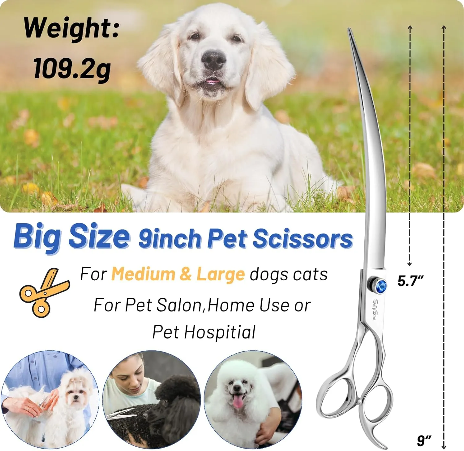 9in Curved Dog Grooming Scissors Professional,VG10 Steel Dog Scissors for Grooming,30 Degree Bend,Sharp Blade with CNC Screw and Round Blunt Tip,Heavy Duty Pet Shears for Dogs Cats at Home and Groomer