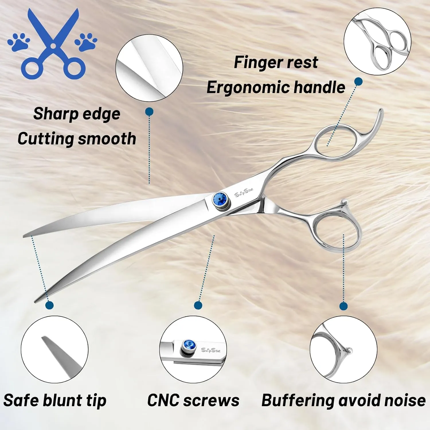 9in Curved Dog Grooming Scissors Professional,VG10 Steel Dog Scissors for Grooming,30 Degree Bend,Sharp Blade with CNC Screw and Round Blunt Tip,Heavy Duty Pet Shears for Dogs Cats at Home and Groomer