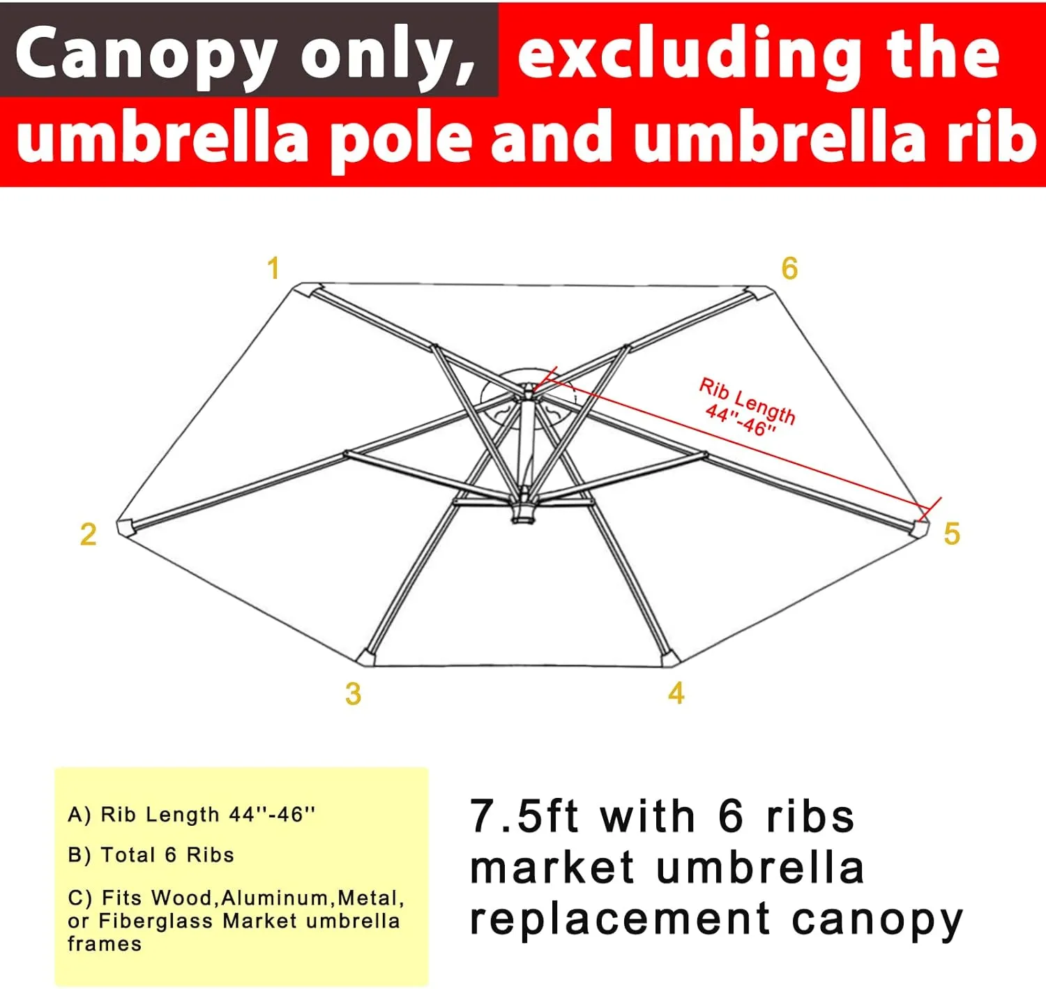 ABCCANOPY 7.5ft Outdoor Umbrella Replacement Top Suit 6 Ribs (Tan)