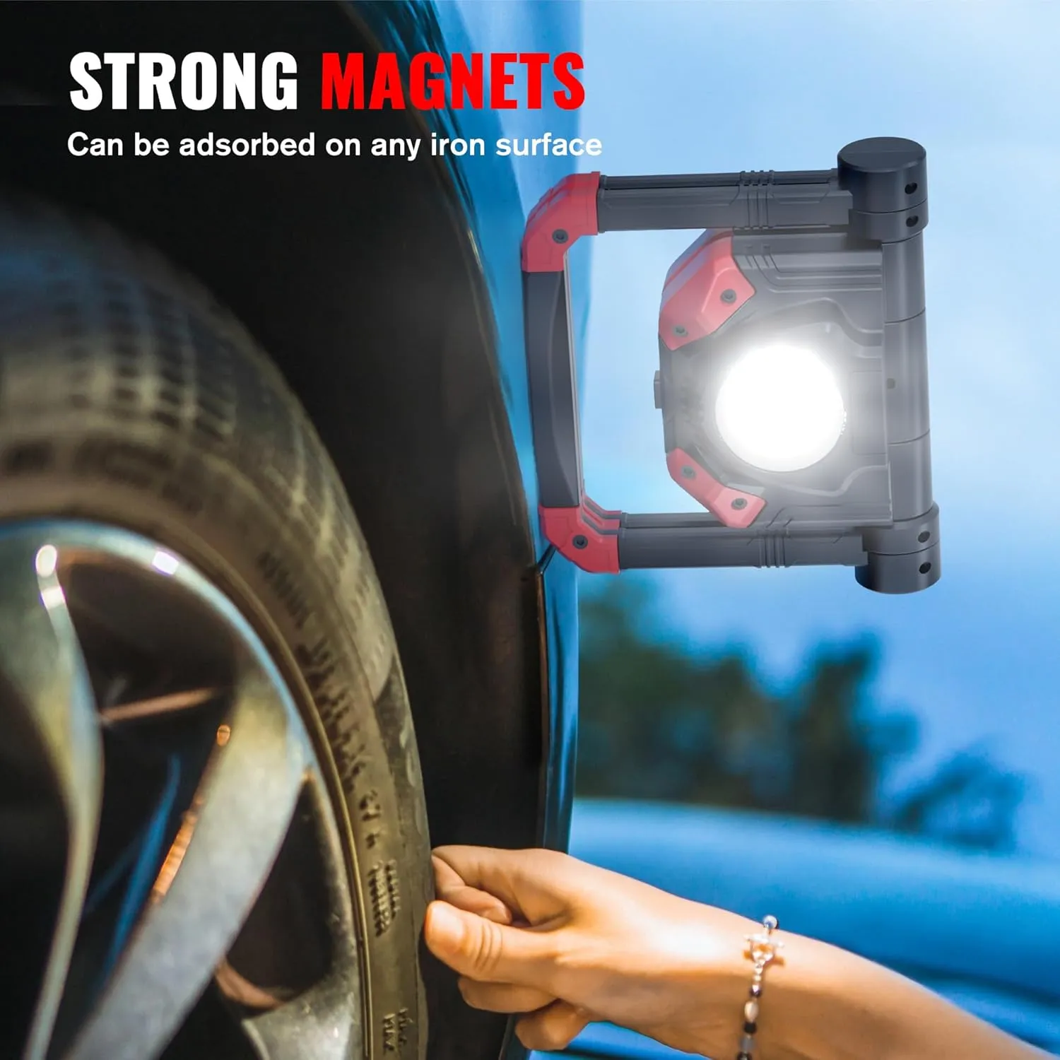 Adelante 2Pack Rechargeable LED Work Light with Magnetic Bases, 2500LM 6500K 12 Hours Long Lasting, Mobile Charger, 360°Rotating Stand Waterproof USB Portable Flood Light for Mechanics, Repairing