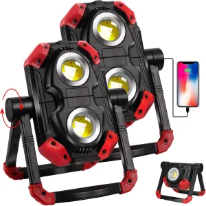 Adelante 2Pack Rechargeable LED Work Light with Magnetic Bases, 2500LM 6500K 12 Hours Long Lasting, Mobile Charger, 360°Rotating Stand Waterproof USB Portable Flood Light for Mechanics, Repairing