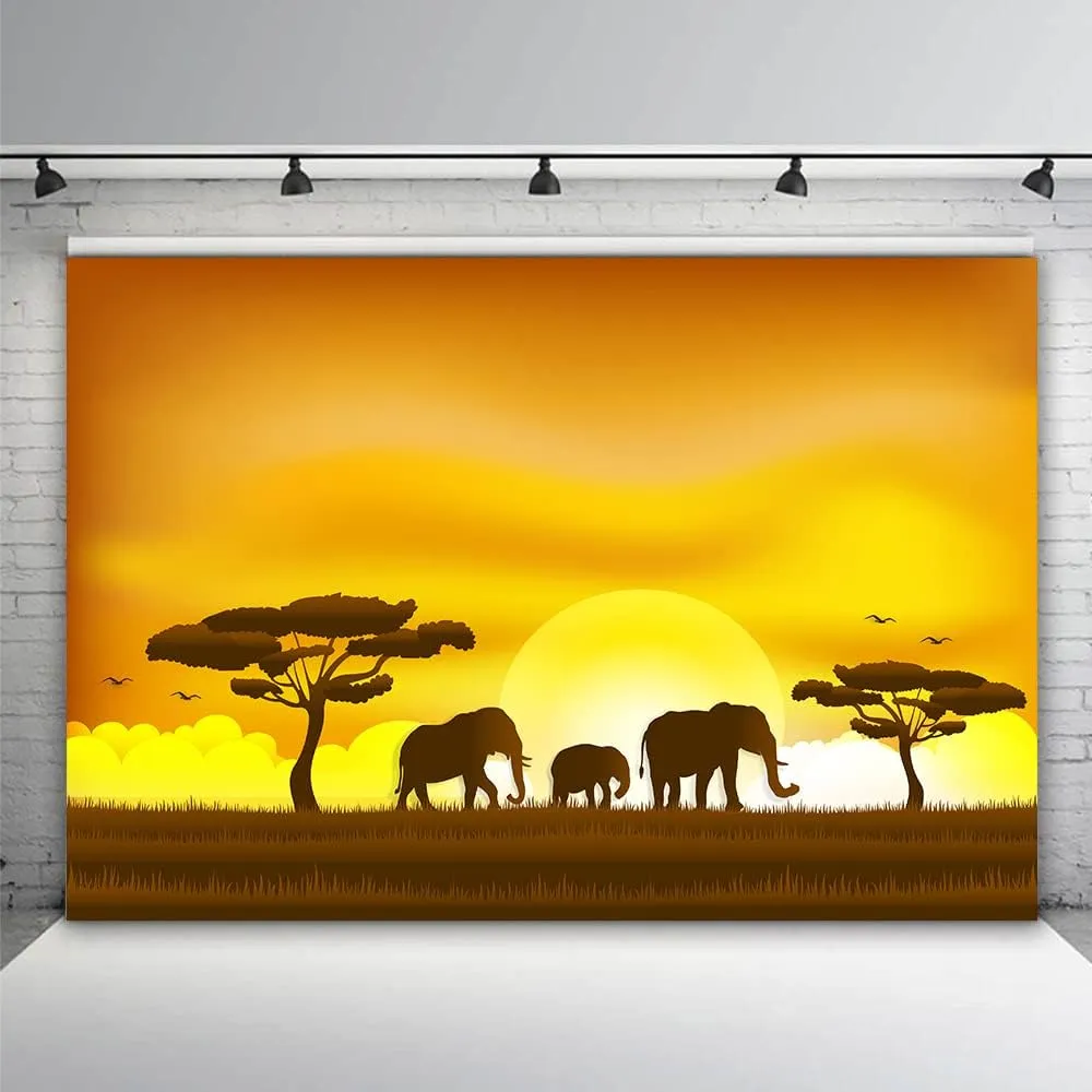 African Safari Fabric Backdrop, 7x5ft African Steppe Animal Crossing Background Elephant Tree Sunset Room Decoration Poster Birthday Party Supplies Baby Shower Photo Booth Props