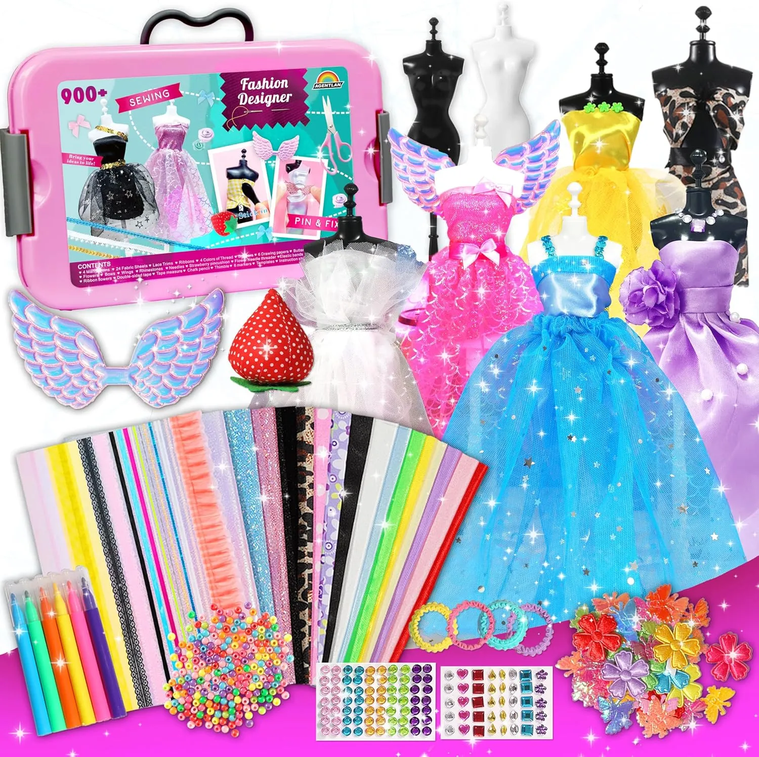 AGENTLAN 900  Fashion Designer Kits for Girls with Mannequins-Kids Sewing Kits，Girls Fashion Design Gift，Arts and Crafts Kit，Girl Craft Activities Age 6 7 8 9 10 11 12