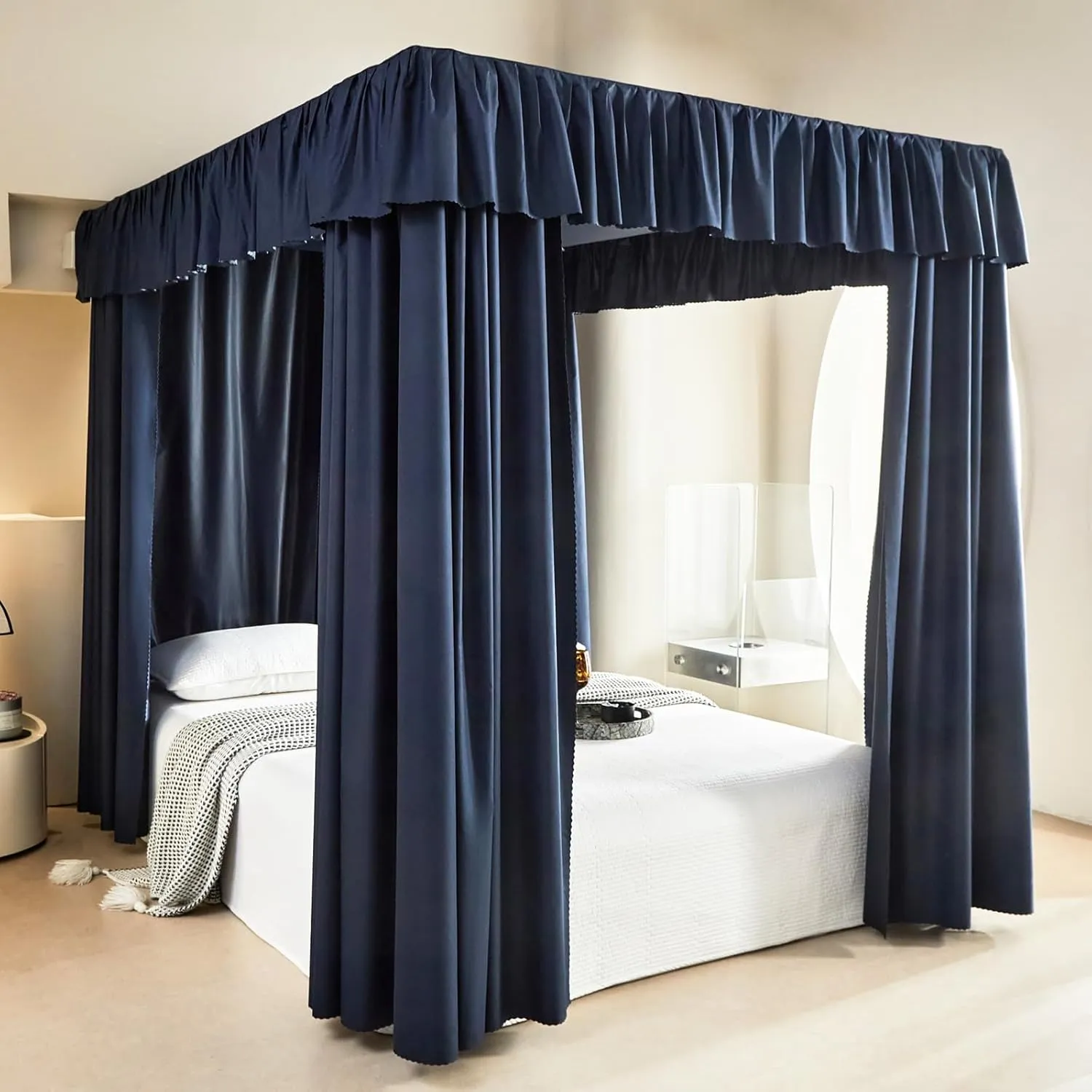 AIKASY Dark Dlue Thickened Bed Canopy Curtains - Elegant Bedroom Decor for Adults and Girls - Strong Lightproof and Windproof Design(King, Dark Dlue)