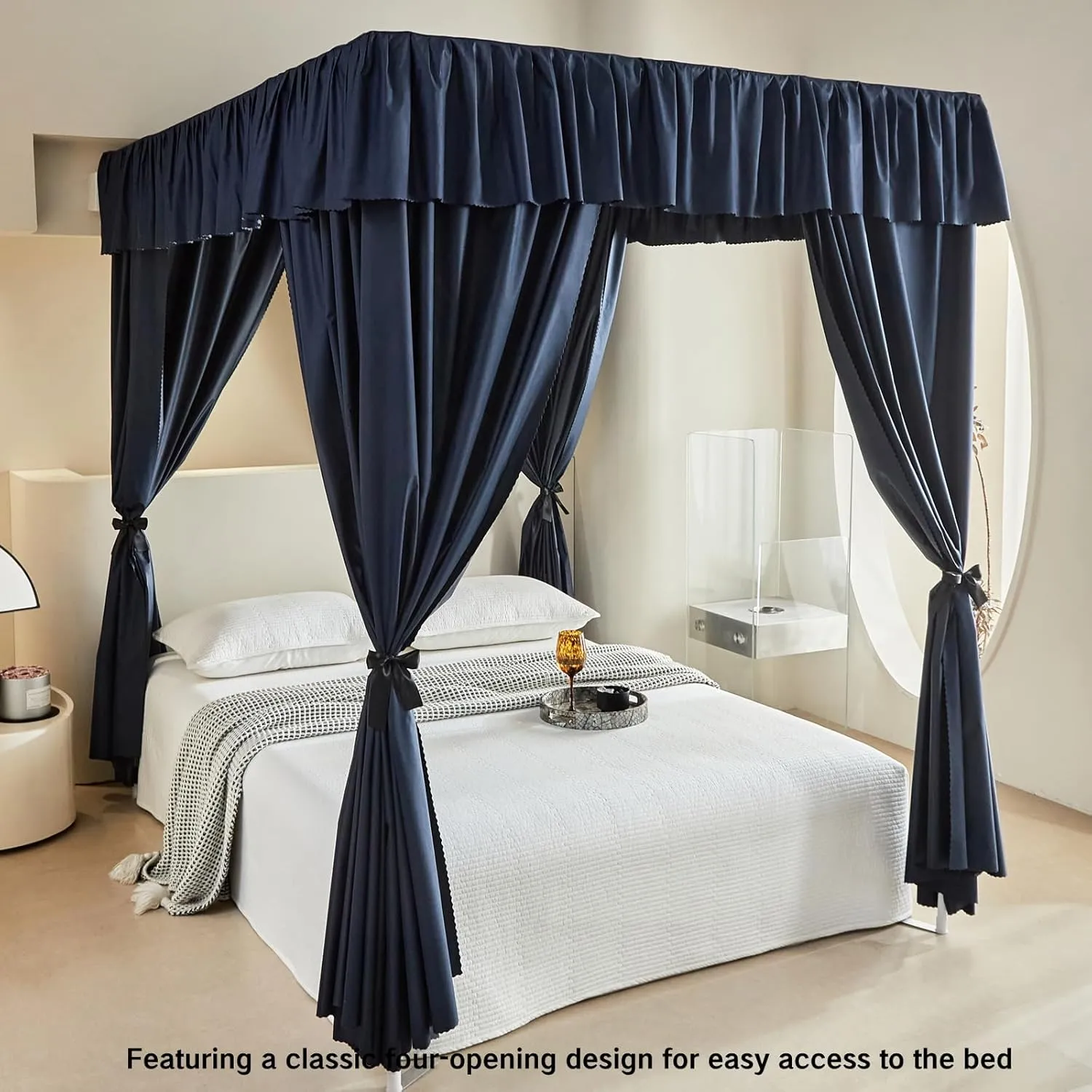 AIKASY Dark Dlue Thickened Bed Canopy Curtains - Elegant Bedroom Decor for Adults and Girls - Strong Lightproof and Windproof Design(King, Dark Dlue)