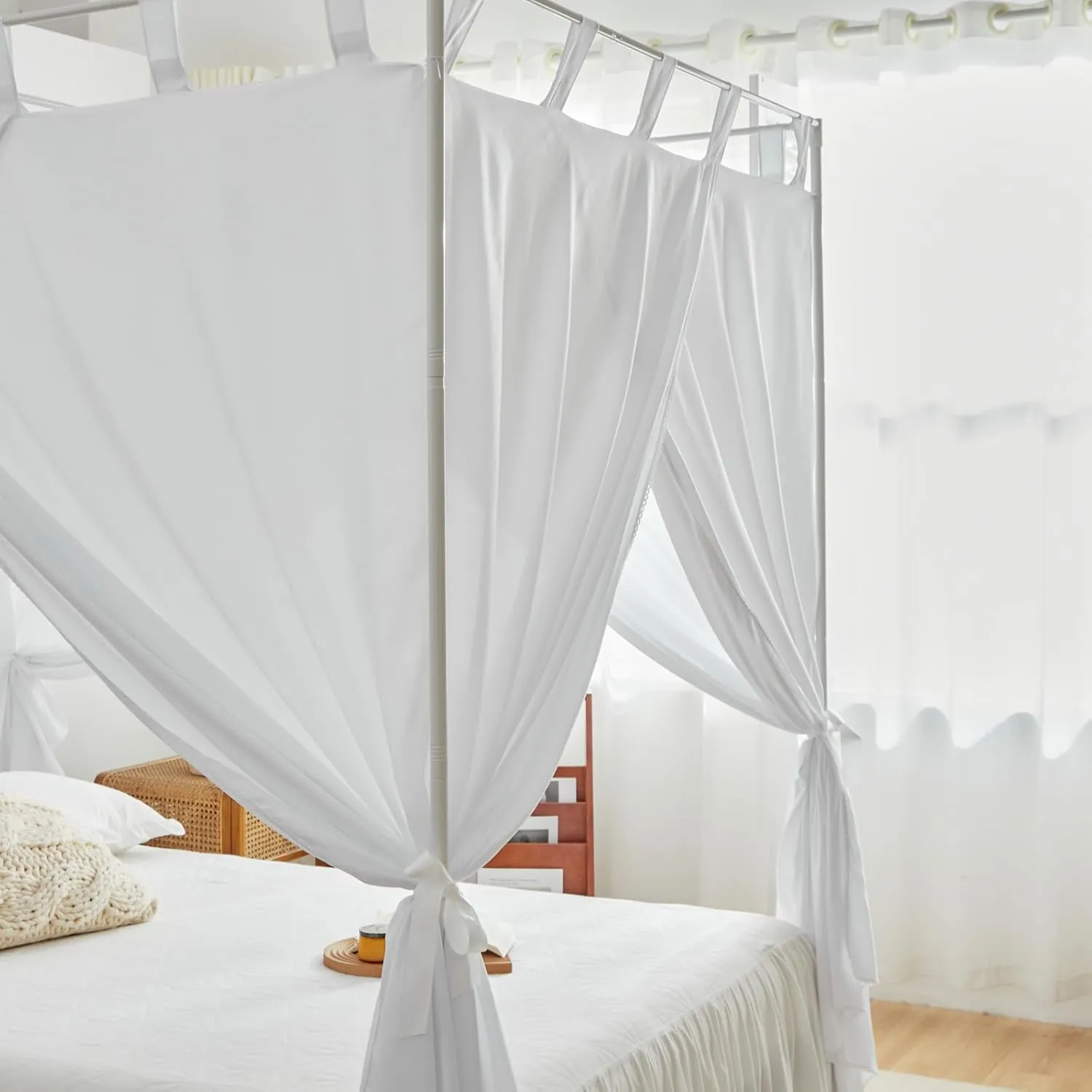 AIKASY White Canopy Bed Curtains with Top Ties and Tie Backs for Bedroom Decoration - King Size Bed Curtains with Windproof and Lightproof Features