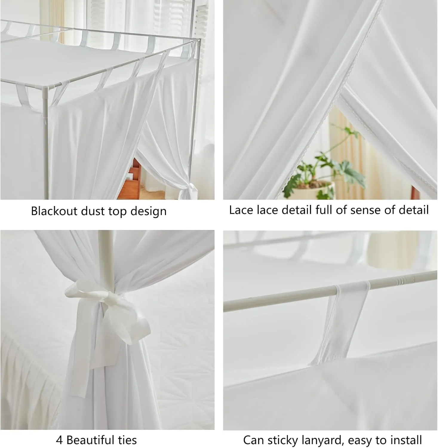 AIKASY White Canopy Bed Curtains with Top Ties and Tie Backs for Bedroom Decoration - King Size Bed Curtains with Windproof and Lightproof Features