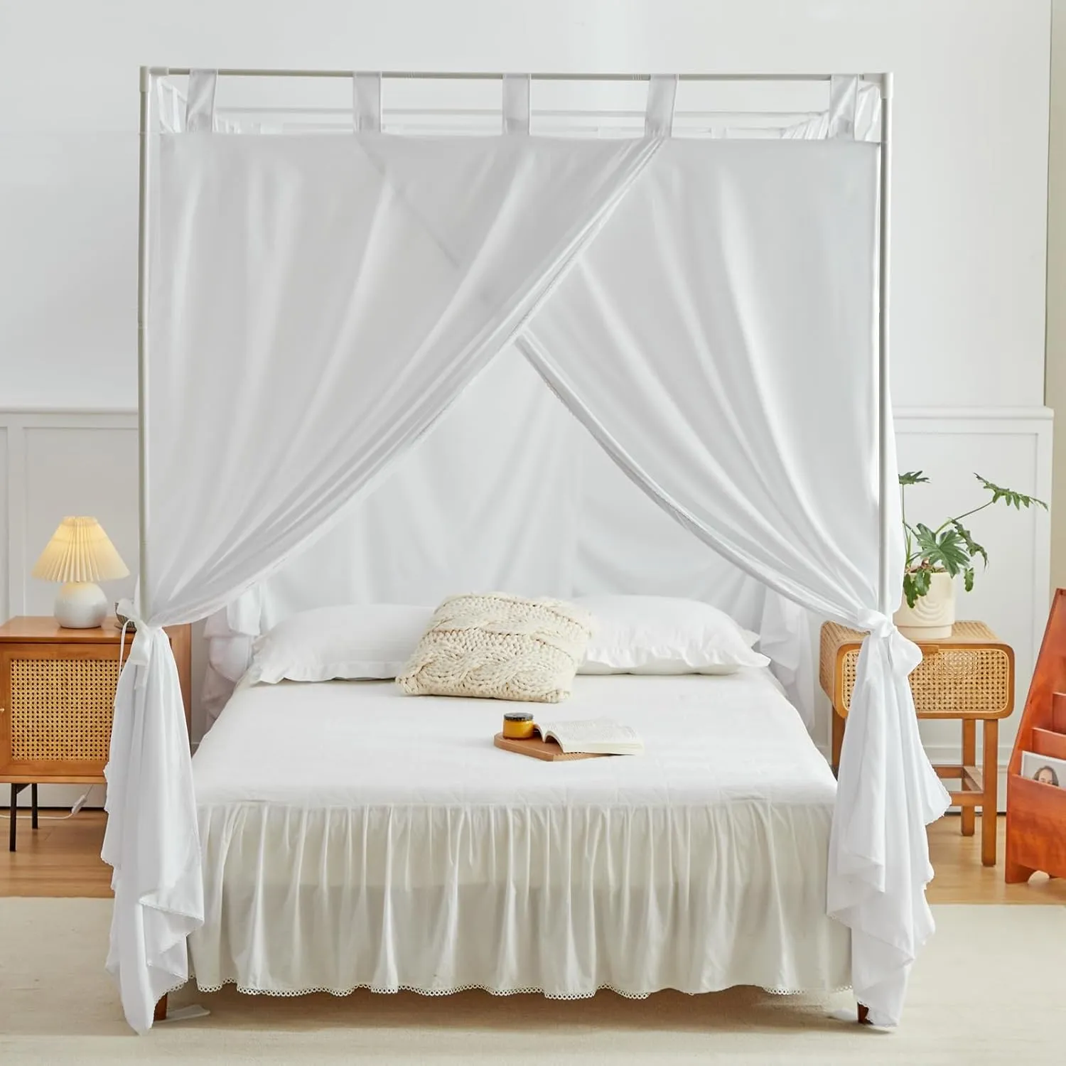 AIKASY White Canopy Bed Curtains with Top Ties and Tie Backs for Bedroom Decoration - King Size Bed Curtains with Windproof and Lightproof Features