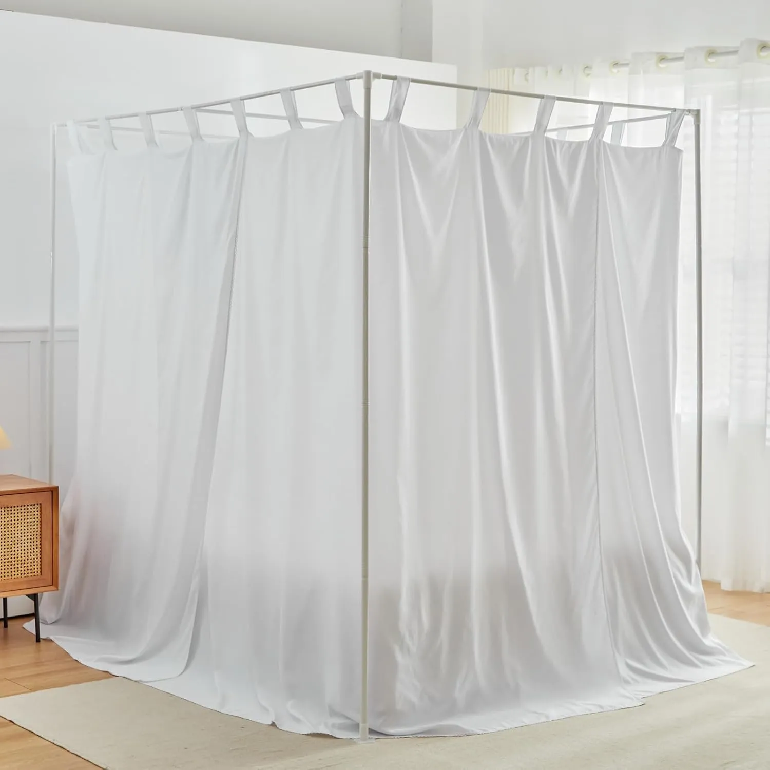 AIKASY White Canopy Bed Curtains with Top Ties and Tie Backs for Bedroom Decoration - King Size Bed Curtains with Windproof and Lightproof Features