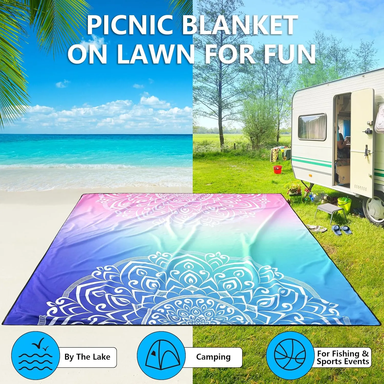 AISPARKY Beach Blanket Waterproof Sandproof, Oversized Large Beach Mat 79" X 83"/120"x108" for 1-8 Adults, Quick Drying&Compact&Lightweight, Picnic Mat Vacation Essentials for Beach Camping Travel