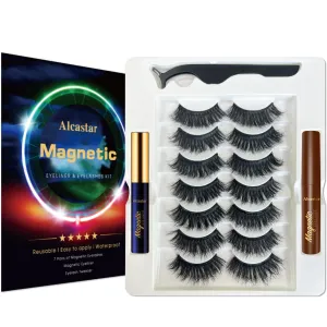 Alcastar Magnetic Eyelashes and Eyeliner Kit,Magnetic Eyelash With Applicator,Reusable False Eyelashes Easy to Wear, No Glue Needed, Sweatproof (Mink Fluffy7-230)