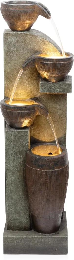 Alpine Corporation TZL368 40” Indoor/Outdoor 4-Tier Fountain with LED Lights – Cascading Pot and Bowl Water Feature, Elegant Waterfall for Garden, Patio & Home, Brown