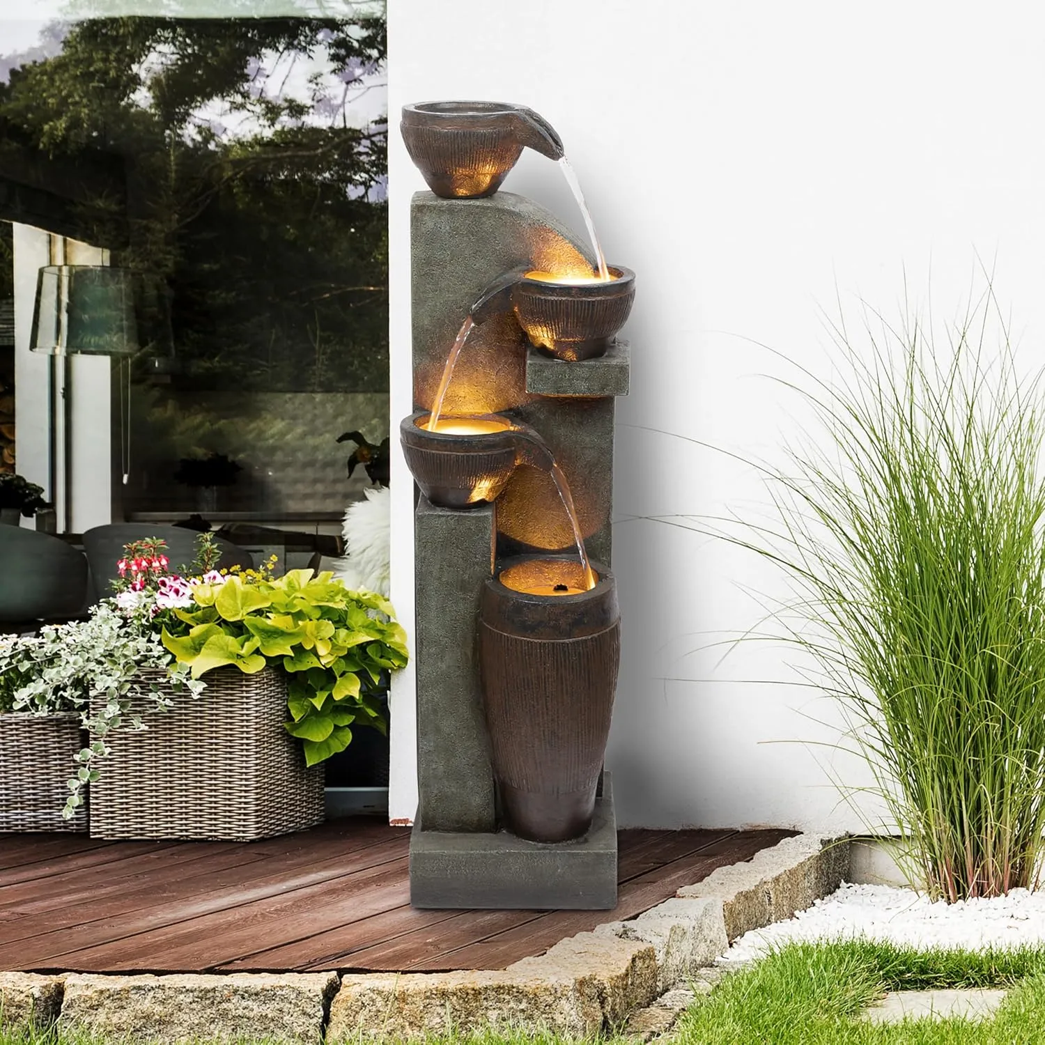 Alpine Corporation TZL368 40” Indoor/Outdoor 4-Tier Fountain with LED Lights – Cascading Pot and Bowl Water Feature, Elegant Waterfall for Garden, Patio & Home, Brown