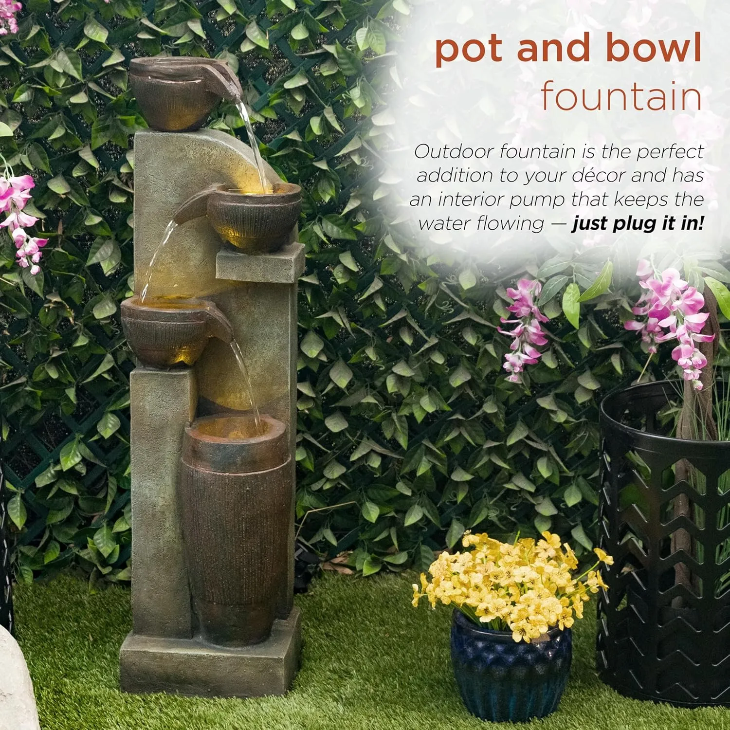 Alpine Corporation TZL368 40” Indoor/Outdoor 4-Tier Fountain with LED Lights – Cascading Pot and Bowl Water Feature, Elegant Waterfall for Garden, Patio & Home, Brown