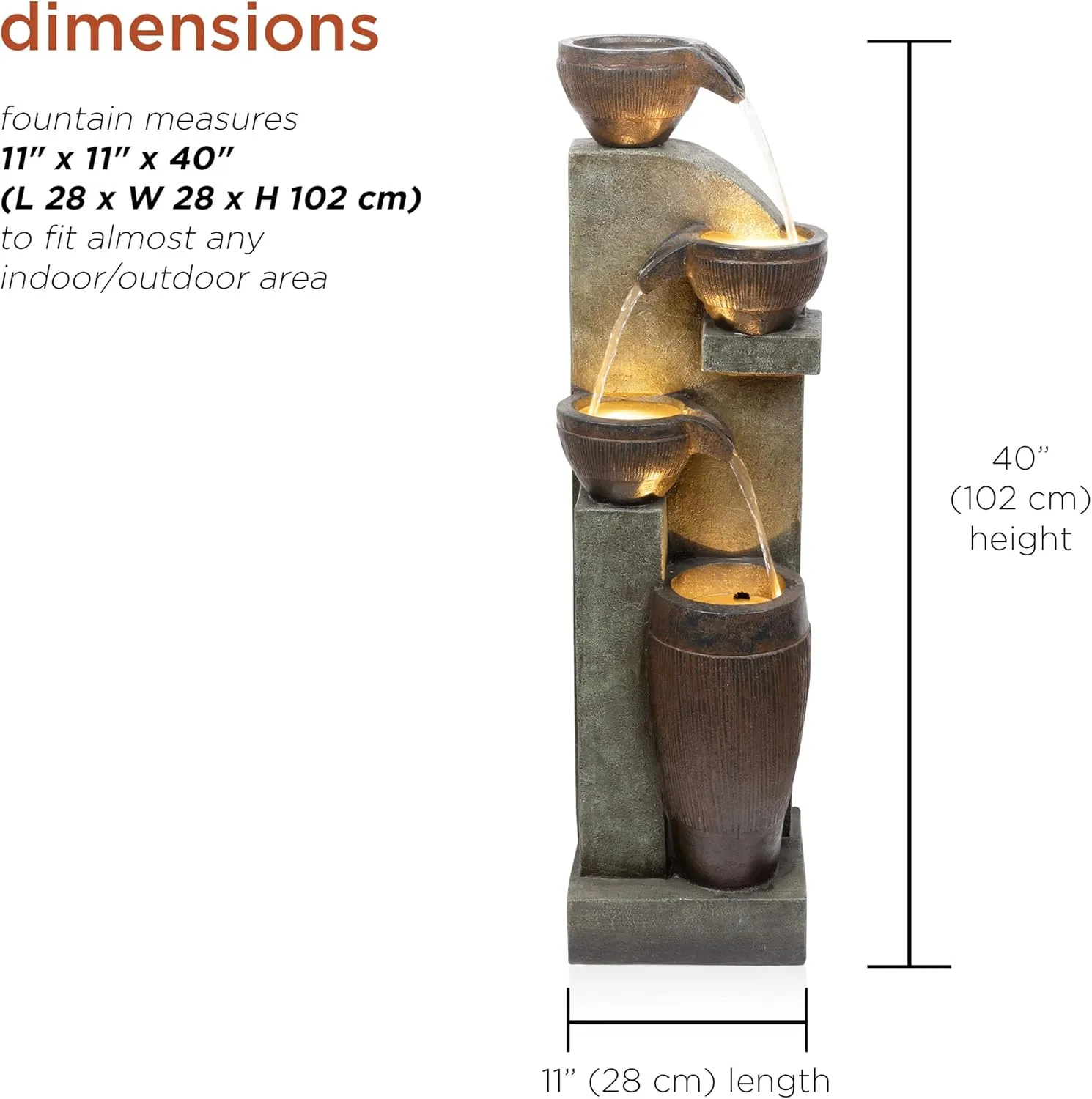 Alpine Corporation TZL368 40” Indoor/Outdoor 4-Tier Fountain with LED Lights – Cascading Pot and Bowl Water Feature, Elegant Waterfall for Garden, Patio & Home, Brown